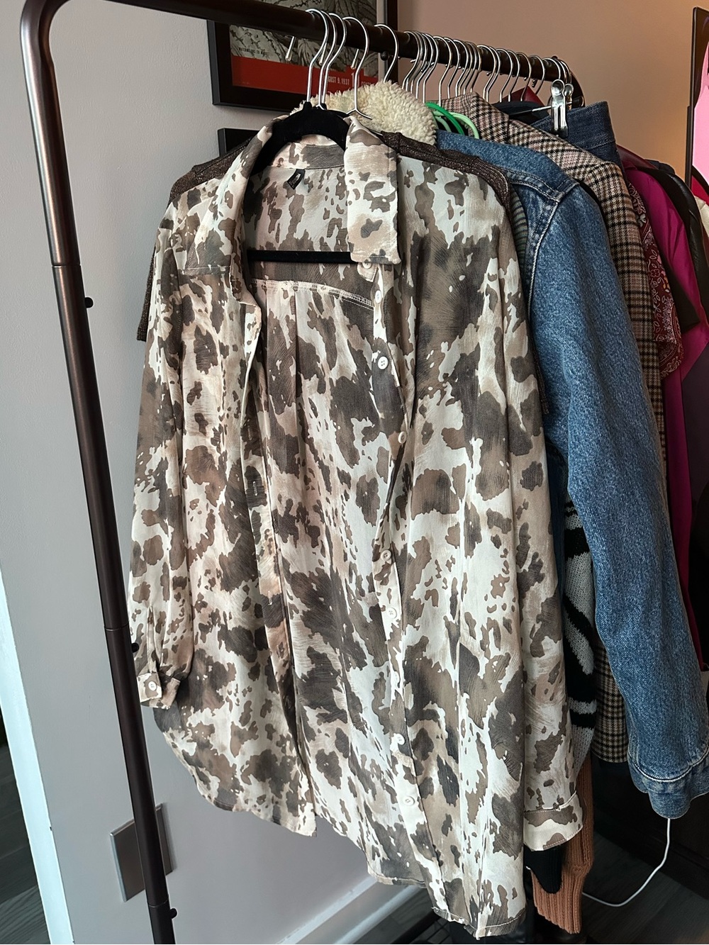 PrettyLittleThing Camo Button-Down Shirt/swim cover up in Brown and White